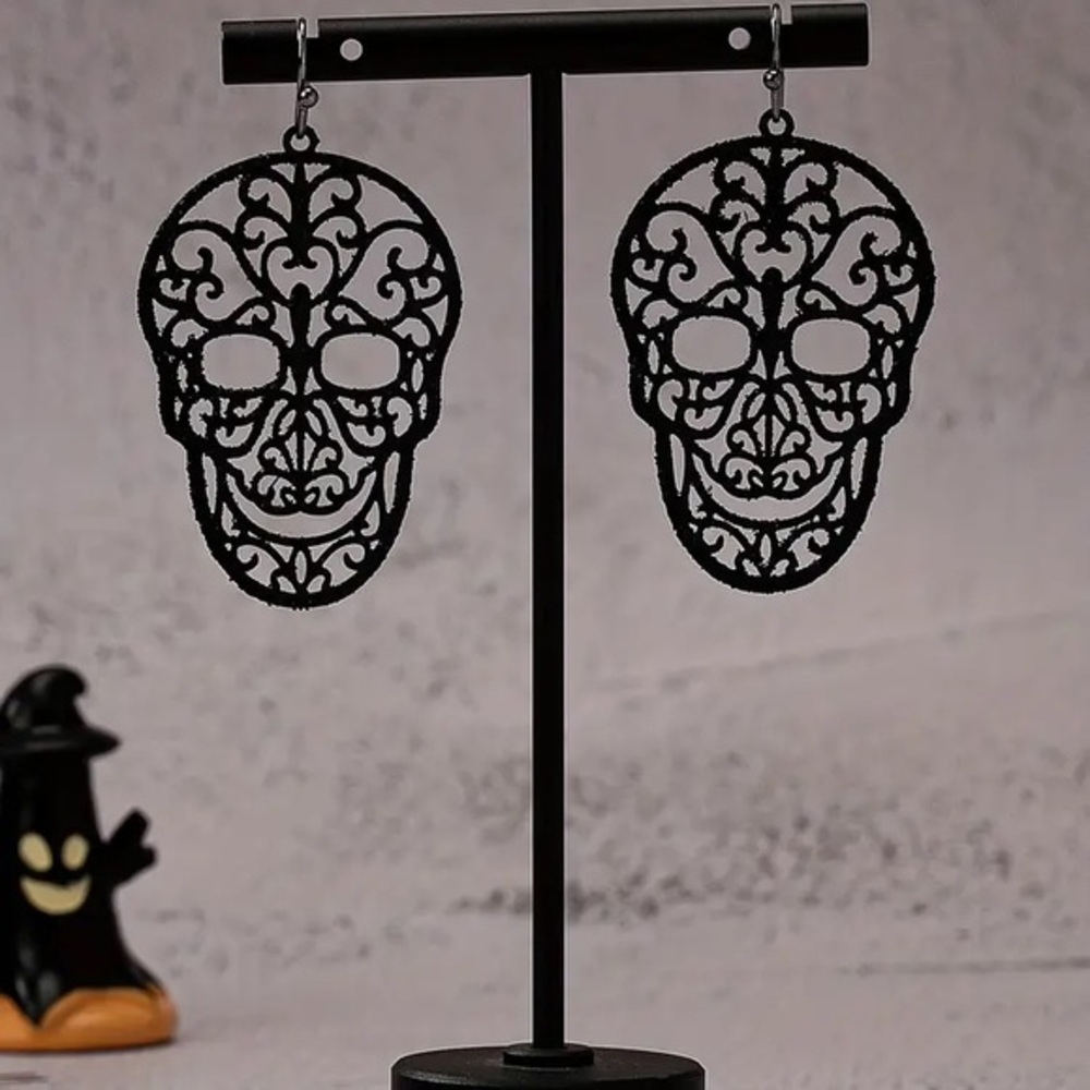 Sugar Skull Earrings - Black - NEW